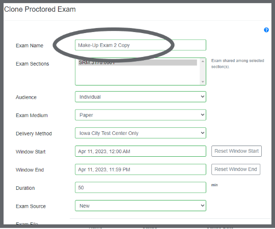 Image of the location of the Clone Proctored Exam pop-up window in the Proctored Exams Portal.