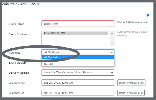 Image of the location of the Exam Audience "All Students" in the Proctored Exams Portal.