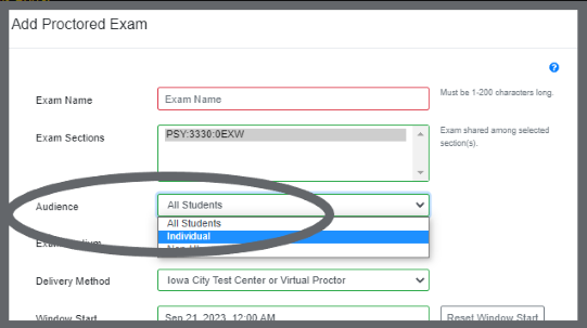 Image of the location of the Exam Audience "Individual" in the Proctored Exams Portal.