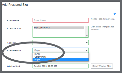 Image of the location of the exam medium field in the Proctored Exams Portal.