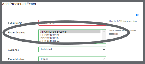 Image of the location of where to select a multiple sections in the exam sections field in the Proctored Exams Portal.