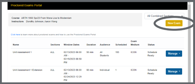 Image of the location of the New Exam button in the Proctored Exams Portal.