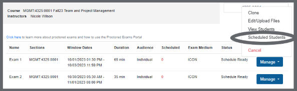 Image of the location of the Scheduled Students button in the Manage menu of the Proctored Exams Portal.