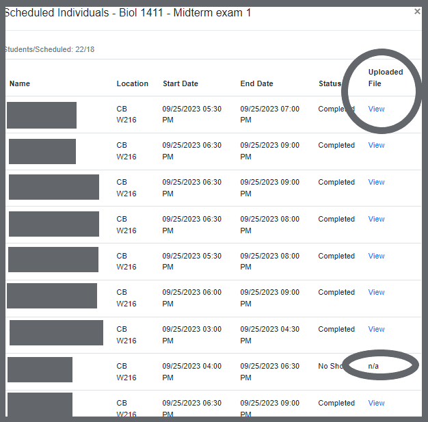 Image of the location of the Uploaded File column in the Proctored Exams Portal.