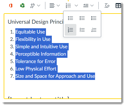 Screenshot showing list of Universal Design Principles with List functionality opened in editor toolbar