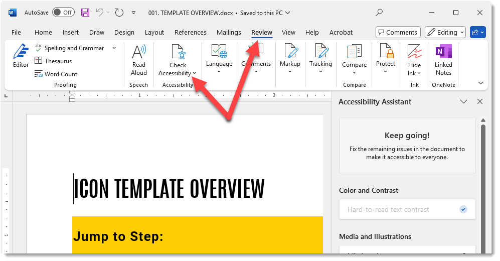 two arrows highlight the accessibility checker under the Review menu in Microsoft Word