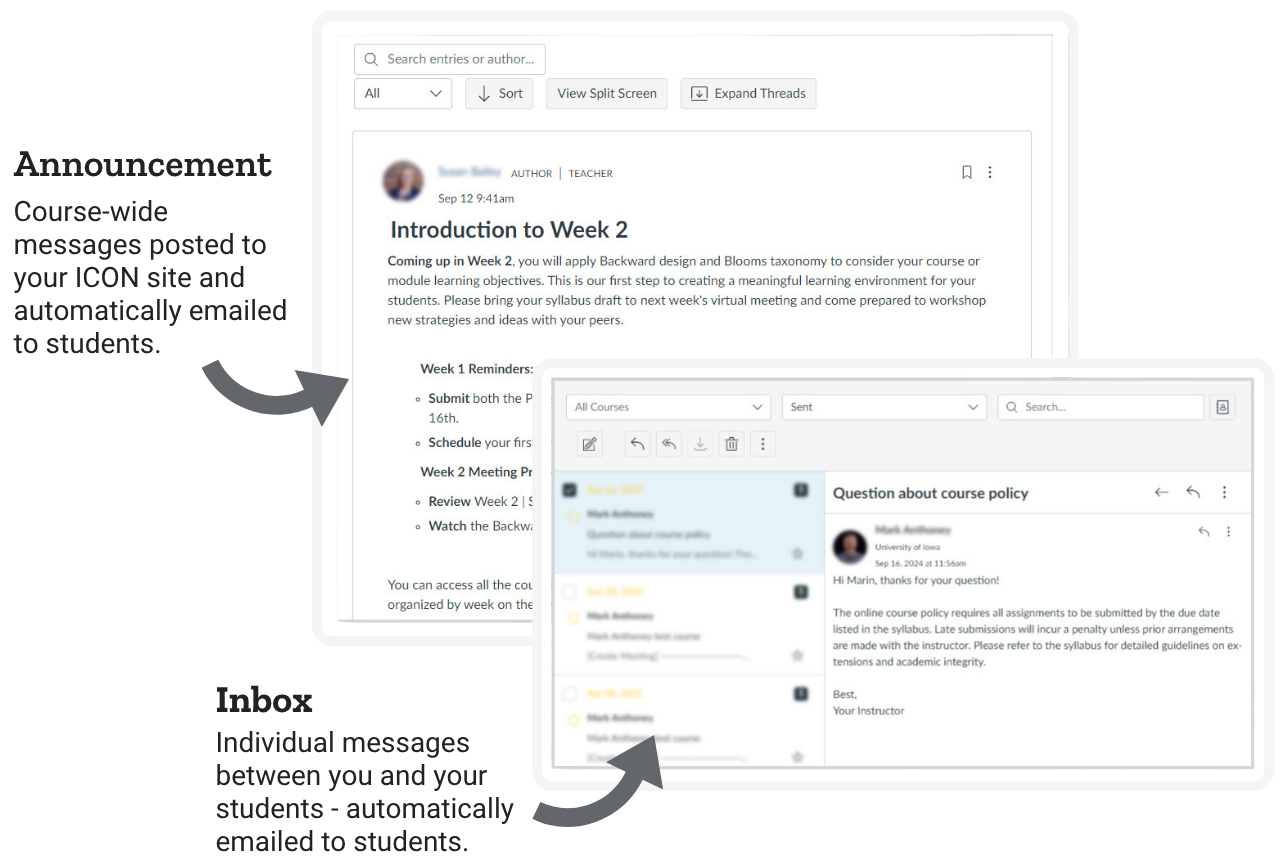 descriptive image demonstrating the Announcement and Inbox features of ICON