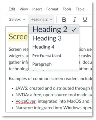 Screenshot of Heading 2, applied from the Canvas Rich Content formatting tool