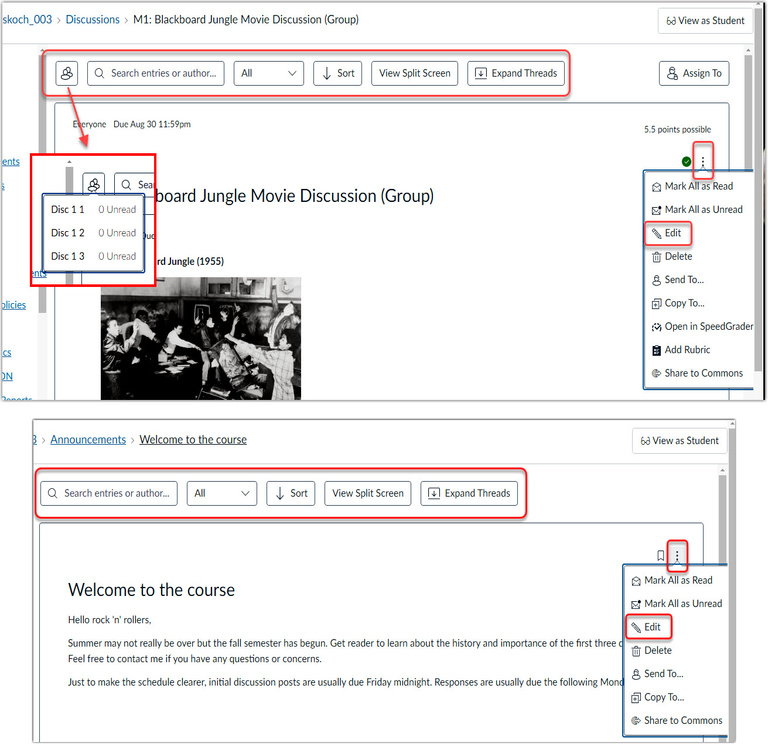 Discussions and Announcements Tools Menus